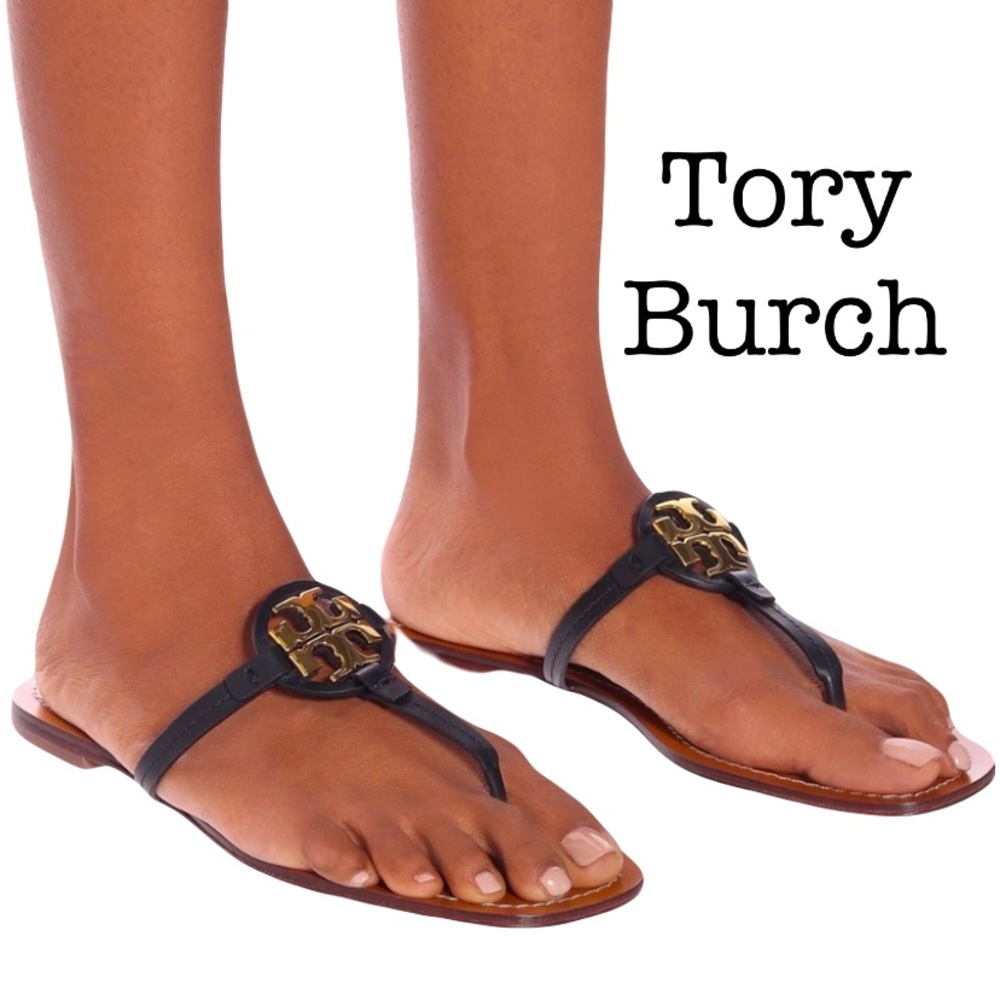 Tory Burch Mini Miller Black Leather Logo Thong Sandals Size 8